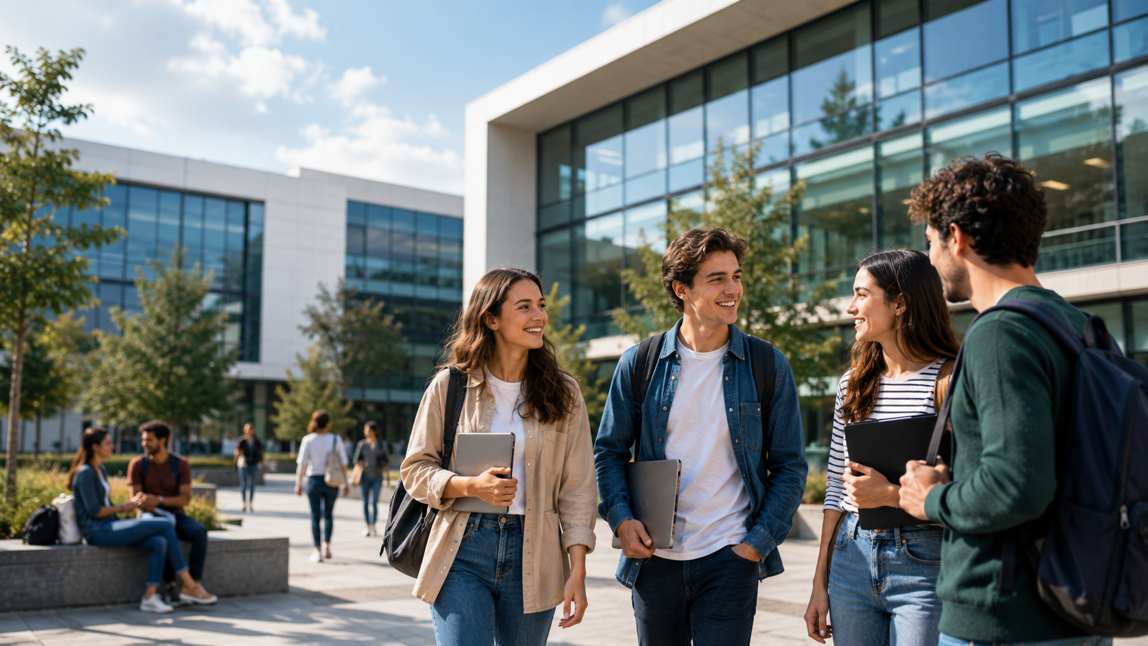 University students walking through a modern European campus.